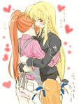  blonde_hair fate_testarossa hug lowres lyrical_nanoha mahou_shoujo_lyrical_nanoha_strikers military military_uniform multiple_girls red_eyes red_hair side_ponytail takamachi_nanoha translated tsab_executive_military_uniform uniform vivio yuri 