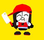  1girl ^_^ ^q^ baseball_cap black_gloves black_shirt black_shoes black_shorts butcher_vanity_(synthesizer_v) chibi chibi_only cleaver closed_eyes detached_feet drooling faux_3d gloves hat holding holding_cleaver jacket long_hair low_poly mole mole_above_eye negitoro_(ntlrjqsolnlijmr) open_clothes open_jacket open_mouth red_hat red_jacket shirt shoes shorts simple_background solo standing synthesizer_v vimalion_pro yellow_background yi_xi_(synthesizer_v) 