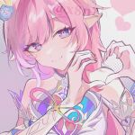  1girl alternate_form artist_name bare_shoulders blue_flower blue_rose blush closed_mouth clothing_cutout commentary_request cyrene_(demiurge)_(honkai:_star_rail) cyrene_(honkai:_star_rail) detached_sleeves diamond-shaped_pupils diamond_(shape) dress eyelashes flower hair_between_eyes hair_flower hair_ornament hair_ribbon hands_up heart heart_cutout heart_hands heart_ornament highres honkai:_star_rail honkai_(series) long_hair looking_at_viewer mandarin_collar mobius_strip multicolored_hair official_alternate_costume official_alternate_hairstyle pink_hair pointy_ears polka_dot polka_dot_background purple_background purple_eyes purple_hair ribbon rose short_sleeves sleeveless sleeveless_dress smile solo star_ornament streaked_hair symbol-shaped_pupils two-tone_background watermark white_background white_dress white_flower white_rose white_sleeves x8n2h yellow_ribbon 