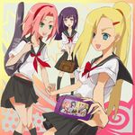  banned_artist blonde_hair blue_hair green_eyes haruno_sakura hyuuga_hinata long_hair multiple_girls naruto naruto_(series) pink_hair school_uniform skirt white_eyes yamanaka_ino yokige 