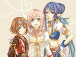  blue_hair bob_cut brown_hair choker estellise_sidos_heurassein gloves goggles green_eyes heart heart_of_string judith midriff miho_(mi) multiple_girls pink_hair pointy_ears purple_eyes rita_mordio short_hair smile tales_of_(series) tales_of_vesperia 