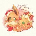  :3 animal_focus bow bright_pupils brown_fur christmas_ornaments christmas_stocking closed_mouth commentary_request eevee fluffy full_body fur-trimmed_headwear fur_trim green_eyes hat highres looking_at_viewer lying merry_christmas miketoevecan neck_fur no_humans on_stomach pokemon pokemon_(creature) pokemon_focus red_bow red_hat santa_hat simple_background solo white_background white_pupils yellow_fur 