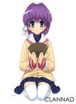  blue_eyes card clannad fujibayashi_ryou hikarizaka_private_high_school_uniform holding holding_card kneeling purple_hair school_uniform short_hair shouji_ayumu solo thighhighs zettai_ryouiki 