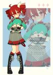  1girl ahoge boots bow capelet character_doll commentary doll drill_hair frown full_body hair_bow hatsune_miku highres hugging_doll hugging_object kasane_teto kasane_teto_(sv) knee_boots kneehighs lace-up_boots long_sleeves looking_at_viewer red_eyes red_hair skirt socks symbol-only_commentary synthesizer_v twin_drills utau vocaloid watermark yorita_genyu zoom_layer 