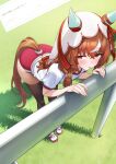  1girl :o against_railing animal_ears ass black_thighhighs blush brown_hair buruma commentary_request crossed_bangs day ears_under_headwear fingernails full_body grass hair_between_eyes herohero_(higashi_no_dou) highres horse_ears horse_girl horse_tail leaning_on_object long_hair looking_at_viewer midriff_peek multicolored_hair open_mouth original_race_uniform_(umamusume) outdoors race_bib railing red_buruma red_eyes red_ribbon request_inset ribbon shirt shoes short_sleeves skindentation small_sweatdrop solo still_in_love_(umamusume) streaked_hair sweat tail tail_through_clothes thighhighs thighs umamusume upturned_eyes veil white_shirt white_shoes white_streaks white_veil 