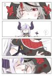  ... 2girls absurdres alt_text black_jacket black_streaks blood blood_on_clothes blue_eyes blush bow closed_eyes commentary_request fang grey_hair highres hololive hood hood_up horns jacket la+_darknesss multiple_girls one_eye_closed pointy_ears purple_hair purple_streaks red_bow red_eyes sakamata_chloe smile spoken_ellipsis tora_(nanamiiill) virtual_youtuber yuri 