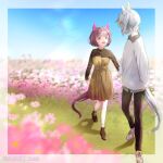  2girls :d absurdres alternate_costume animal_ears ankle_boots black_pants black_shirt blue_sky blunt_bangs blurry blurry_background blurry_foreground boots border bow brown_boots brown_hair brown_shoes casual commentary_request cross-laced_shoes dress ear_covers ear_ribbon field flower flower_field flower_hairclip from_side full_body grass grey_hair hair_ornament hairband hairclip highres holding_hands horse_ears horse_girl horse_tail houndstooth kadokura_(sushiu_max) long_sleeves looking_at_another medium_dress multiple_girls nishino_flower_(umamusume) outside_border pants pink_eyes pink_flower pink_hairband pink_ribbon ribbon seiun_sky_(umamusume) shadow shirt shirt_under_sweater shoes short_hair sidelighting single_ear_cover sky sleeves_past_wrists smile socks straight-on tail transparent_border twitter_username umamusume waist_bow walking white_shirt white_socks yellow_bow yellow_dress 