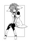  animal_ears blackheart cat_ears full_body galaxy_angel greyscale looking_at_viewer mint_blancmanche monochrome puffy_short_sleeves puffy_sleeves short_hair short_sleeves simple_background sitting solo thighhighs white_background 