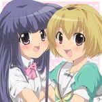  black_eyes blonde_hair blue_hair bow brown_eyes dress fang furude_rika hairband higurashi_no_naku_koro_ni houjou_satoko hug isuka long_hair multiple_girls pink_bow sailor_dress short_hair 