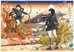  arrow black_hair bow_(weapon) fine_art_parody fox hitodama katana long_hair mount_fuji mountain multiple_girls nadeshiko_rin nihonga original parody planted_arrow riding school_uniform serafuku soshu_umezawanosho sword tiger translated ukiyo-e weapon 