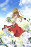  1girl absurdres ahoge artist_logo beebee1120 bouquet brown_hair cardcaptor_sakura chinese_commentary cloud cloudy_sky commentary day field green_eyes hat highres holding holding_bouquet kinomoto_sakura logo looking_at_viewer open_mouth outdoors puffy_short_sleeves puffy_sleeves red_skirt scene_reference short_hair short_sleeves skirt sky solo standing sun_hat 