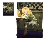  1girl absurdres alternate_costume arm_rest blonde_hair blush brown_pantyhose chair coat commentary cup drinking_glass earrings from_side full_body green_coat green_eyes highres indoors jewelry juice kettle looking_at_viewer no_shoes ohoo_7am on_chair pantyhose piper_wheel real_life_insert reference_inset simple_background sitting solo toes white_background zenless_zone_zero 