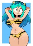  animal_print arms_behind_head bikini blue_background blush commentary english_commentary fangs green_hair highres horns long_hair lum navel panties pointy_ears scott_falco sharp_teeth simple_background smile swimsuit teeth thighs tiger_print underwear urusei_yatsura yellow_eyes 