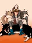  akamaru_(naruto) animal animal_on_head ankle_boots black_eyes black_shirt blue_footwear boots brown_background brown_hair closed_mouth dog eyepatch facial_mark fishnet_top forehead_protector fur-trimmed_hood gradient gradient_background grey_jacket grey_pants hood hood_up hooded_jacket inuzuka_kiba jacket konohagakure_symbol kuromaru_(naruto) long_sleeves male_focus musasabi_shirou naruto naruto_(series) ninja on_head open_clothes open_jacket open_toe_shoes pack_of_dogs pants puppy sanpaku shirt simple_background sitting smile spiked_hair spread_legs toeless_boots v-shaped_eyebrows 