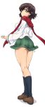  1girl absurdres back black_socks breasts brown_eyes brown_hair brown_shoes caesar_(girls_und_panzer) commentary_request erakin full_body girls_und_panzer green_skirt highres looking_at_viewer looking_back medium_breasts ooarai_school_uniform red_scarf scarf school_uniform shirt shoes skirt socks solo standing white_shirt 