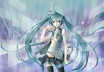  aqua_eyes aqua_hair fujie hatsune_miku headset long_hair necktie open_clothes open_shirt shirt skirt solo thighhighs twintails very_long_hair vocaloid 