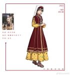  1girl 2022 black_hair black_hat blue_eyes boots brown_boots chinese_commentary chinese_text commentary_request dress earrings eborel full_body hat highres jewelry layered_sleeves long_dress long_sleeves looking_at_viewer necklace original own_hands_together photo-referenced photo_inset red_lips red_robe reference_inset robe short_hair short_over_long_sleeves short_sleeves solo tajik_clothes translated veil watermark weibo_watermark white_background white_veil yellow_dress 