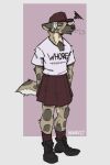 anthro boots bottomwear clothing ears_down eyes_closed facial_piercing footwear hair hat headgear headwear hi_res hyena kolya_yeen_(mawkvlt) male mammal mawkvlt nose_piercing nose_ring piercing pivoted_ears ring_piercing shirt shoes sigh skirt socks solo tail text text_on_clothing topwear wearing_hat white_hair