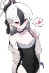  1girl bare_shoulders black_choker black_dress black_hair black_horns blue_archive breasts bright_pupils choker cleavage collarbone commentary_request demon_horns diamond_necklace dress ear_piercing gradient_hair grey_halo hair_between_eyes halo heart highres horns kayoko_(blue_archive) kayoko_(dress)_(blue_archive) korean_commentary layer_(layer_illust) long_hair mole mole_on_collarbone mole_on_neck multicolored_hair official_alternate_costume piercing purple_wings red_eyes single_wing small_breasts speech_bubble spoken_heart strap_slip white_hair wings 