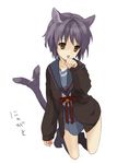  animal_ears brown_eyes cardigan cat_ears cat_tail kita_high_school_uniform licking nagato_yuki non-web_source pun school_uniform serafuku short_hair silver_hair solo suzumiya_haruhi_no_yuuutsu tail tail_wagging translated 