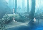  barefoot dress fog forest hand_on_hip isou_nagi long_hair multiple_girls nature original pigeon-toed scenery short_hair sitting standing tree twintails wading water white_dress 
