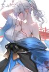  1girl alternate_costume aqua_eyes bare_shoulders blue_kimono breasts bridge chest_sarashi cleavage collarbone commentary_request floral_print floral_print_kimono grey_hair hair_ornament highres hololive japanese_clothes kimono large_breasts looking_at_viewer medium_hair mouth_hold obi omoti_(1201208) ponytail print_kimono sarashi sash shirogane_noel solo virtual_youtuber 