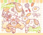  1girl ;d apron baguette black_shoes black_skirt blush_stickers bow bowtie bread carrot chibi chibi_only double-parted_bangs egg_(food) food full_body green_eyes grid_background hair_between_eyes highres holding holding_spatula long_hair long_sleeves looking_at_viewer one_eye_closed open_mouth original qin'aide sample_watermark shirt shoes skirt smile socks solo spatula standing standing_on_one_leg watermark white_apron white_background white_hair white_shirt yellow_bow yellow_bowtie yellow_socks 