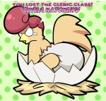 anthro avian beak bird birth buttsharb chicken clean_diaper clothed clothing diaper diaper_only digital_media_(artwork) egg english_text galliform hatching_from_egg hi_res male phasianid side_view solo text topless wearing_diaper