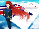  alf874 australia bad_id bad_pixiv_id blue_eyes english flag long_hair military military_uniform original red_hair solo uniform union_jack very_long_hair wind 
