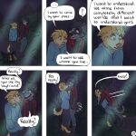 6_panel_comic anthro artist_logo barefoot black_hair blonde_hair blue_eyes border_collie bottomwear brown_eyes canid canine canis clothing collie comic dialogue domestic_dog duo ellipsis english_text excited facial_scar feet flannel_shirt fur grabbing_another grey_body grey_fur hair hand_in_pocket hands_behind_back herding_dog hi_res hoodie husky hybrid jeremy_(kriek_wildebeest) kissing kriek_wildebeest logo male male/male mammal multiple_scenes night nordic_sled_dog outside page_number pants pastoral_dog plant pockets question_mark scar sheepdog shrub smile smiling_at_another speech_bubble spitz tail tail_motion tailwag text tom_(kriek_wildebeest) topwear walking wolf yellow_body yellow_fur