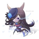  1girl animal_ears ankle_bow ankle_lace-up back_bow belt big_head black_bow black_lace_trim black_thighhighs black_trim blue_dress blue_flower blue_hat blue_light blue_rose bow bowler_hat brown_hair chibi chibi_only dress eyes_visible_through_hair falling_petals flipped_hair flower flower_on_chest from_side frown full_body hair_over_one_eye hat hat_flower highres holding holding_sword holding_weapon horse_ears horse_girl horse_tail kadokura_(sushiu_max) lace_trim light_trail long_hair looking_at_viewer off-shoulder_dress off_shoulder petals purple_eyes rice_shower_(rosy_dreams)_(umamusume) rice_shower_(umamusume) rose running scabbard shadow sheath sideways_glance simple_background solo sword tail thighhighs twitter_username umamusume v-shaped_eyebrows very_long_hair weapon white_background white_petals 