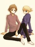  blonde_hair blue_eyes blush brown_hair contemporary hair_between_eyes hanamura_yousuke hijiri_ruka kuma_(persona_4) long_sleeves looking_at_viewer lowres multiple_boys persona persona_4 simple_background sitting sweater white_background 