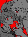  1boy 1girl 30en_(esx5g) commentary_request danganronpa_(series) danganronpa_2:_goodbye_despair enoshima_junko greyscale_with_colored_background highres hinata_hajime long_hair open_mouth parted_lips red_background short_hair simple_background smile spot_color twintails 