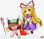  all_fours animal_ears blonde_hair blush bow bowtie breath brown_hair cat_ears cat_tail chen earrings fang hair_ribbon hat heavy_breathing holding_another's_tail jewelry kazami_karasu long_hair multiple_girls multiple_tails ribbon saliva short_hair tail tail_grab touhou trembling very_long_hair yakumo_yukari 