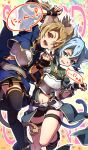  2girls :d ;d absurdres animal_ears armor black_boots black_ribbon black_shorts black_skirt black_thighhighs blue_eyes blue_hair blue_jacket boots bracelet breastplate brown_hair cat_ears cat_girl cat_tail commentary_request copyright_name fingerless_gloves gloves hair_ribbon highres hip_armor holding_hands jacket jewelry long_sleeves midriff miniskirt multiple_girls navel oboro_neko one_eye_closed open_mouth outline pleated_skirt red_eyes ribbon short_hair short_hair_with_long_locks short_shorts shorts sidelocks silica silica_(sao-alo) sinon sinon_(sao-alo) skirt smile speech_bubble stomach sword_art_online tail thigh_gap thigh_strap thighhighs translation_request white_outline zettai_ryouiki 