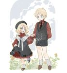  1boy 1girl :d alternate_costume artesia_som_deikun artist_name beret black_hat black_necktie black_shorts black_vest blonde_hair blue_eyes brother_and_sister brown_shoes casval_rem_deikun center_frills char_aznable child closed_mouth collared_shirt dress frills full_body gundam hat highres holding_hands layered_dress loafers long_sleeves looking_at_another mary_janes mobile_suit_gundam necktie open_mouth outline red_dress red_shirt sayla_mass shirt shoes short_hair shorts siblings skirt_hold smile socks twitter_username vest white_socks wing_collar xing_20 yellow_outline 