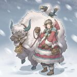  1girl absurdres animal_on_head bag bell bird bird_on_head blue_capelet boots branch bridle brown_bag brown_boots brown_hair brown_mittens capelet commentary_request creature dress elf fantasy full_body fur-trimmed_dress fur-trimmed_headwear fur-trimmed_jacket fur-trimmed_sleeves fur_trim green_eyes hair_ornament hat highres holding holding_branch horns impasto jacket lascalis long_hair long_pointy_ears looking_up mittens on_head open_mouth original painterly pointy_ears red_dress red_hat red_jacket shoulder_bag smile snow snowing solo 
