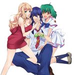  2girls blonde_hair blue_eyes dress green_hair long_hair macross macross_frontier multiple_girls ranka_lee saotome_alto sheryl_nome short_hair skirt unizo 