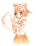  bow detached_sleeves gohei hair_bow hair_ribbon hakurei_reimu hiraga_matsuri midriff monochrome orange_(color) ribbon short_hair solo touhou 