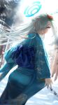  1girl absurdres alternate_costume asuna_(blue_archive) back_bow blonde_hair blue_archive blue_bow blue_eyes blue_halo blue_kimono blue_sash blush bow braid commentary flower from_behind grin hair_flower hair_ornament hair_over_one_eye halo highres japanese_clothes kimono long_hair outdoors red_flower sash smile snow solo walking_nakta 