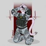 absurd_res anthro armor_plates belt belt_buckle boots buckle clothing felid footwear fur hand_on_face hi_res hidden_eyes katz_(katzenkompf) kneeling long_tail male mammal mawkvlt military military_clothing military_jacket military_pants pink_body pink_fur shoes solo tail teeth teeth_showing topwear vest