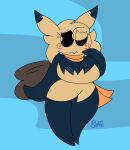  2024 anthro anthrofied areola areola_slip big_breasts black_areola black_body black_sclera blue_background breasts clothed clothing collared_shirt digital_media_(artwork) dress dress_shirt english_text eyelashes female game_freak generation_7_pokemon hi_res mimikyu nintendo pokemon pokemon_(species) scarf shirt simple_background solo spookana_(unfortu-nate) tail text thick_thighs topwear unfortu-nate white_eyes wide_hips 