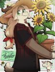 00niine 2_horns anthro austin_(00niine) bovid caprine clothed clothed_anthro clothed_male clothing eyewear flower freckled_face freckles fully_clothed fully_clothed_anthro fully_clothed_male fur furgonomic_hat furgonomic_headwear furgonomics glasses goat green_eyes hair hat headgear headwear holding_object horizontal_pupils horn long_hair looking_at_viewer male mammal plant plant_pot pupils round_glasses shirt smile solo sun_hat sunflower t-shirt topwear wearing_glasses white_body white_fur white_hair