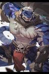  1boy abs animal_ears animal_skull bandages bara bare_pectorals beard blue_eyes blue_fur bulge cape commentary da_luode erection erection_under_clothes facial_hair fangs feet_out_of_frame furry furry_male highres holding holding_weapon jewelry large_pectorals leather leg_belt loincloth looking_at_viewer male_focus mature_male muscular muscular_male navel navel_hair necklace nipples original over_shoulder pectorals pelvic_curtain scar scar_across_eye scar_on_arm scar_on_chest scar_on_face short_hair solo stomach sword sword_over_shoulder symbol-only_commentary tail thick_eyebrows thick_thighs thighs tiger_boy tiger_ears tiger_tail tooth_necklace topless_male weapon weapon_over_shoulder white_hair 