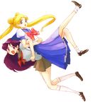  azuma_yukihiko back-to-back bishoujo_senshi_sailor_moon blonde_hair blue_sailor_collar bow double_bun hino_rei juuban_middle_school_uniform long_hair multiple_girls open_mouth purple_hair red_bow sailor_collar school_uniform serafuku tsukino_usagi twintails 