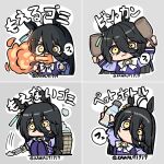  1girl animal_ears arm_up backpack_basket black_hair bottle bow breath_weapon breathing_fire brown_eyes chibi commentary_request cropped_torso fire grey_background hair_between_eyes highres holding holding_bottle horse_ears kawamochi_(kawauti919) long_hair manhattan_cafe_(umamusume) multicolored_hair multiple_views no_shoes open_mouth outline pantyhose parted_lips pleated_skirt purple_pantyhose purple_shirt purple_skirt school_uniform shirt skirt squatting tongs tracen_school_uniform translation_request twitter_username two-tone_hair umamusume upper_body v-shaped_eyebrows wavy_mouth white_bow white_hair white_outline 