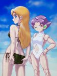  2girls amron_(robopon) android backless_swimsuit bare_arms beach bikini black_bikini blonde_hair blue_eyes blue_sky breasts closed_mouth clothing_cutout commentary_request day earrings hand_on_own_hip highres hitomi_(robopon) horizon jewelry joints looking_at_viewer looking_back medium_breasts mizutani_kenta multiple_girls navel navel_cutout ocean one-piece_swimsuit one_eye_closed outdoors purple_hair red_hair robot_ears robot_joints robot_ponkottsu short_hair side-tie_bikini_bottom sideboob sky smile standing summer swimsuit wet wet_hair white_one-piece_swimsuit 