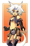  animal_ears blue_eyes breasts elbow_gloves final_fantasy final_fantasy_xi garter_belt gloves headband katy_(artist) medium_breasts mithra short_hair shorts solo tail thief_(final_fantasy) thighhighs underboob white_hair 