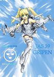  aircraft airplane blonde_hair green_eyes jet mecha_musume military original saab_gripen solo sumisi svenska_flygvapnet sweden thighhighs twintails zettai_ryouiki 