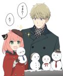  1boy 1girl :d ahoge anya_(spy_x_family) blonde_hair blue_eyes blush brown_gloves brown_hat buttons character_snowman child closed_mouth coat commentary_request double-breasted family_bonding father_and_daughter gloves green_coat green_eyes hairpods hat holding_snowman hood hood_down hooded_coat long_sleeves looking_at_another medium_hair mello79 open_mouth pink_hair red_coat scar short_hair simple_background smile snow snowman speech_bubble spy_x_family twilight_(spy_x_family) upper_body very_short_hair white_background wide_sleeves yor_briar yuri_briar 